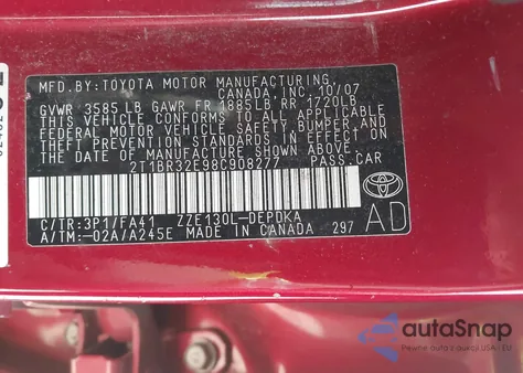 2008 Toyota Corolla Ce/Le/S из США, поврежденный, VIN 2T1BR32E98C908277